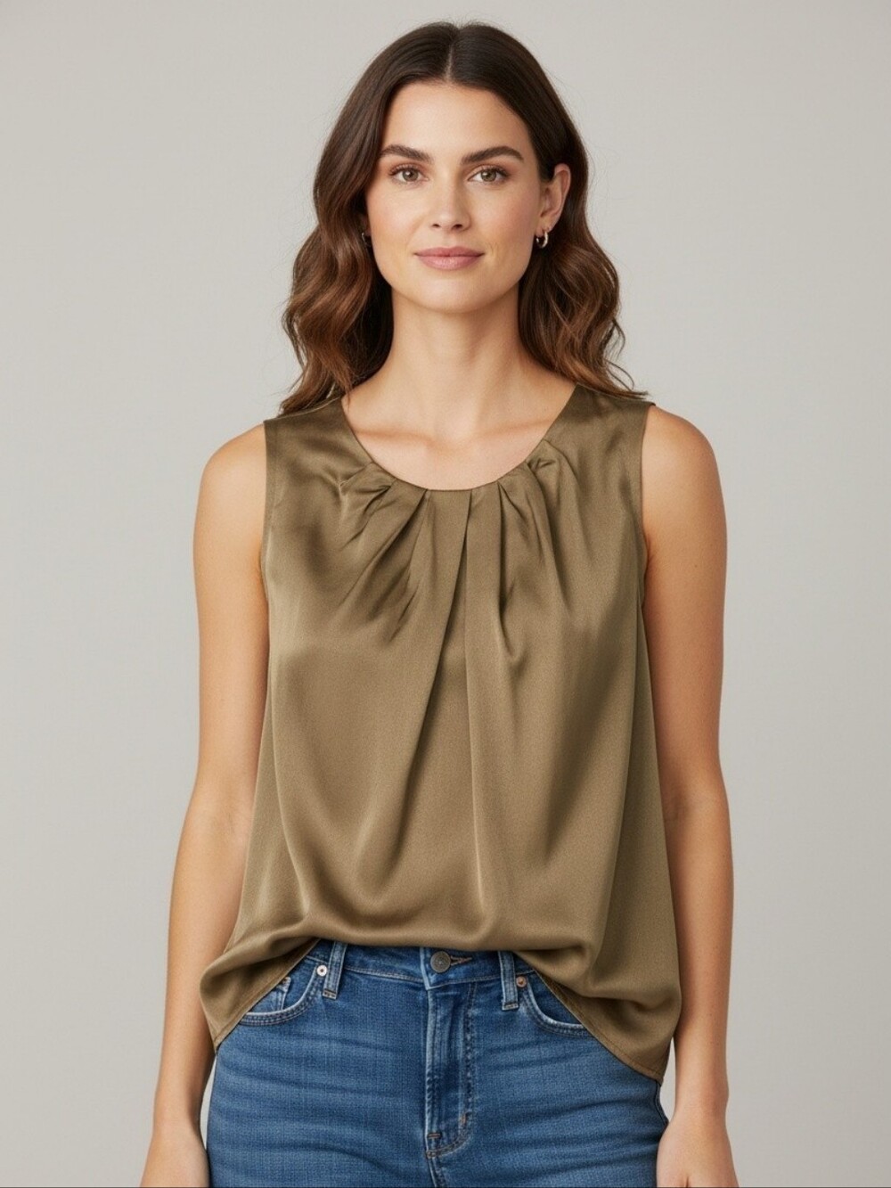 Sleeveless Olive Green Ruffle Neck Women's Top